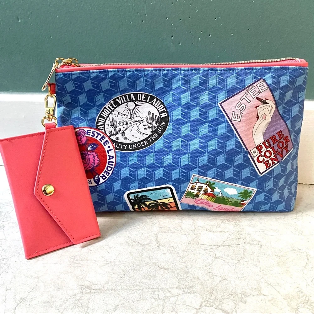 ESTEE LAUDER Cosmetic Makeup Pouch zipper Bag TRAVEL THEME with Card Holder case